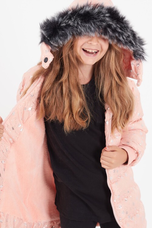 Kız Çocuk Mont Kar Desenli Kapüşonlu Şişme Mont 14530