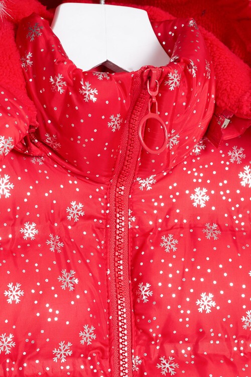 Kız Çocuk Mont Kar Desenli Kapüşonlu Şişme Mont 14530