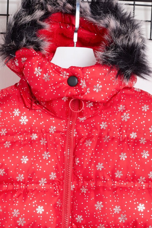 Kız Çocuk Mont Kar Desenli Kapüşonlu Şişme Mont 14530