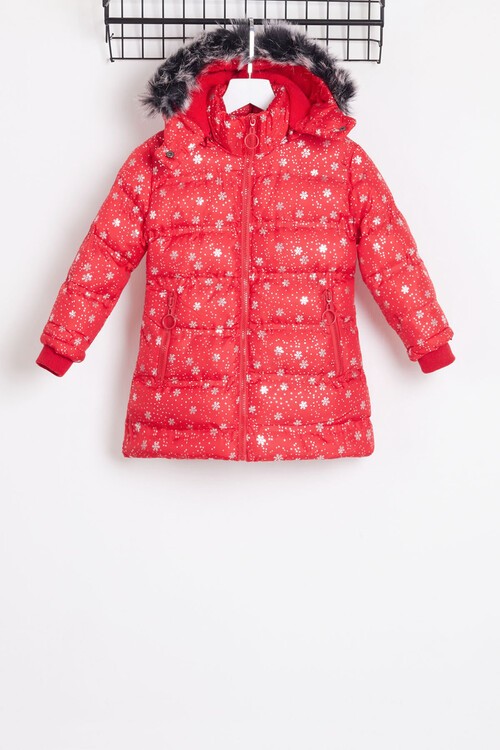 Kız Çocuk Mont Kar Desenli Kapüşonlu Şişme Mont 14530