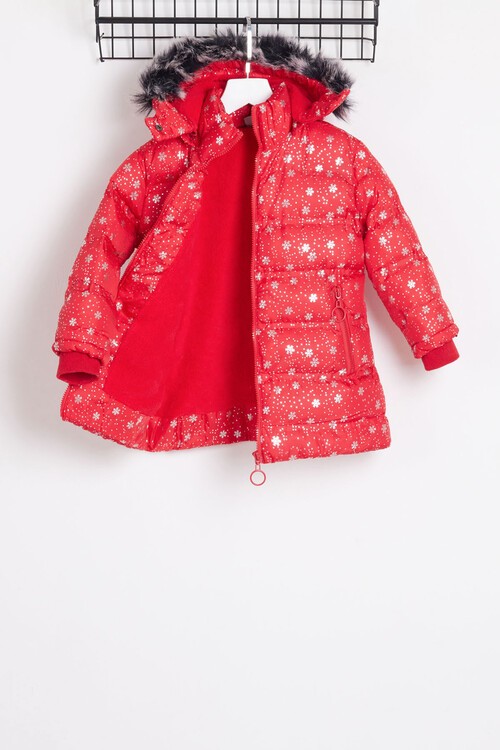 Kız Çocuk Mont Kar Desenli Kapüşonlu Şişme Mont 14530