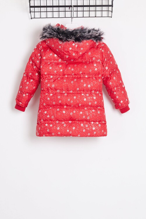 Kız Çocuk Mont Kar Desenli Kapüşonlu Şişme Mont 14530