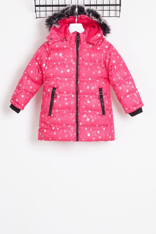 Kız Çocuk Mont Kar Desenli Kapüşonlu Şişme Mont 14530