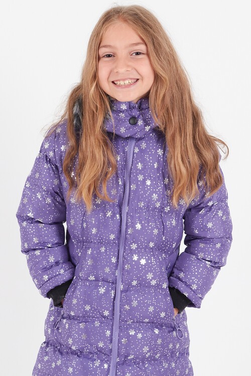 Kız Çocuk Mont Kar Desenli Kapüşonlu Şişme Mont 14530