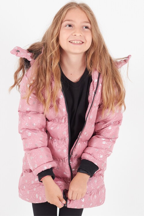 Kız Çocuk Mont Kar Desenli Kapüşonlu Şişme Mont 14530