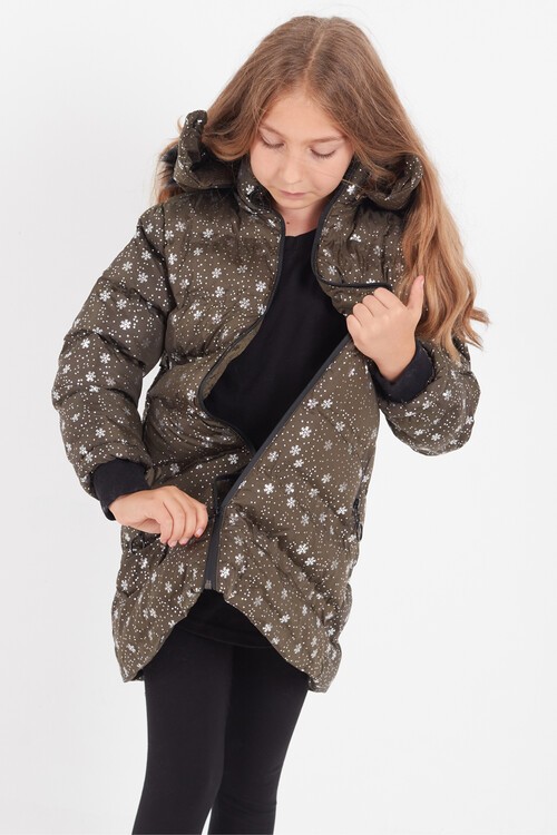 Kız Çocuk Mont Kar Desenli Kapüşonlu Şişme Mont 14530