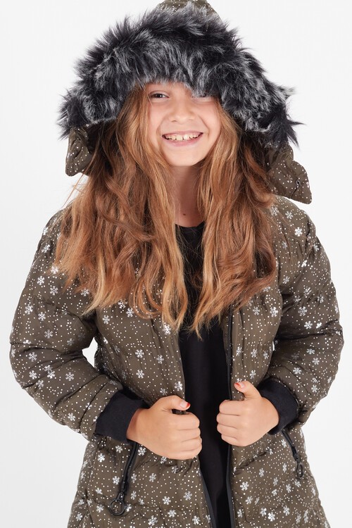 Kız Çocuk Mont Kar Desenli Kapüşonlu Şişme Mont 14530