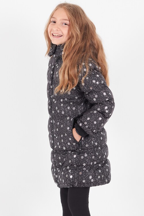 Kız Çocuk Mont Kar Desenli Kapüşonlu Şişme Mont 14530