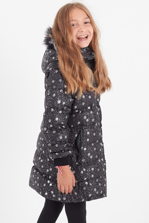 Kız Çocuk Mont Kar Desenli Kapüşonlu Şişme Mont 14530