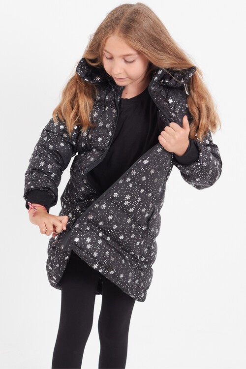 Kız Çocuk Mont Kar Desenli Kapüşonlu Şişme Mont 14530