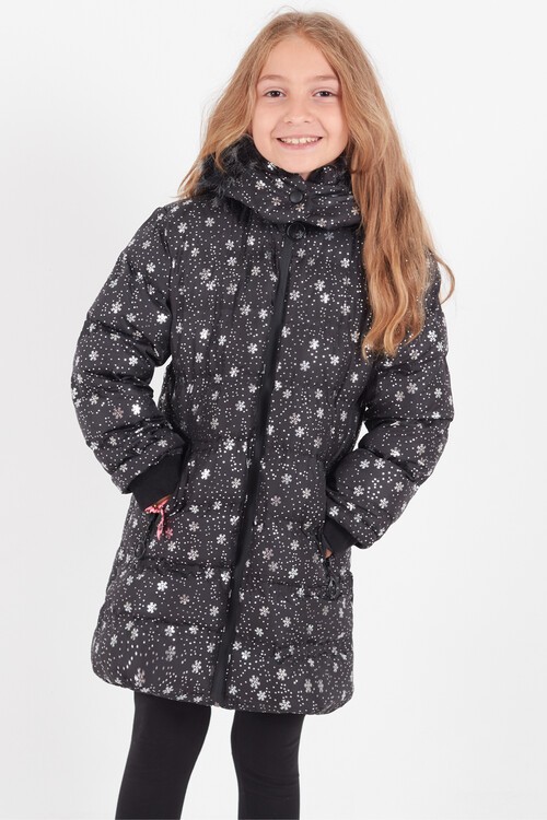 Kız Çocuk Mont Kar Desenli Kapüşonlu Şişme Mont 14530
