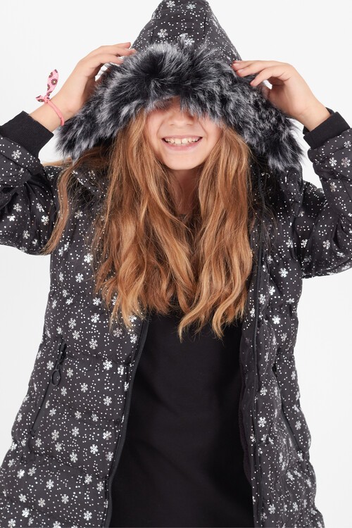 Kız Çocuk Mont Kar Desenli Kapüşonlu Şişme Mont 14530