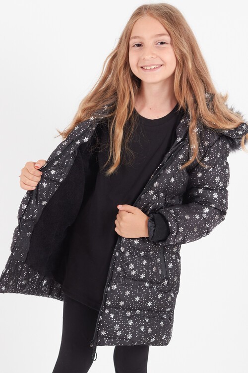 Kız Çocuk Mont Kar Desenli Kapüşonlu Şişme Mont 14530