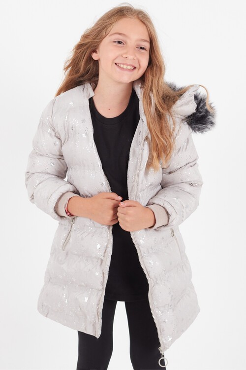 Kız Çocuk Mont Kar Desenli Kapüşonlu Şişme Mont 14530