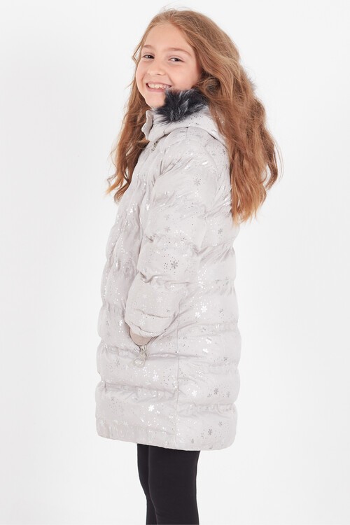 Kız Çocuk Mont Kar Desenli Kapüşonlu Şişme Mont 14530
