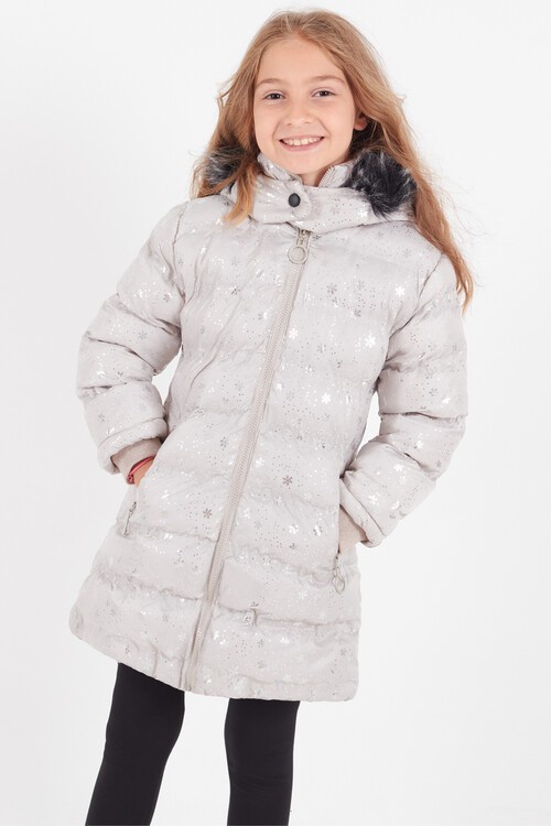 Kız Çocuk Mont Kar Desenli Kapüşonlu Şişme Mont 14530