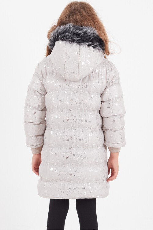 Kız Çocuk Mont Kar Desenli Kapüşonlu Şişme Mont 14530