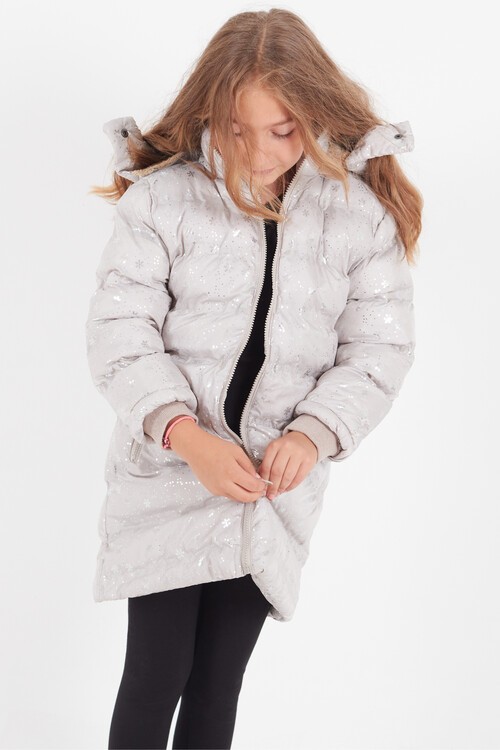 Kız Çocuk Mont Kar Desenli Kapüşonlu Şişme Mont 14530