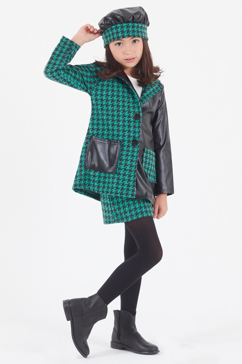 Kız Çocuk Kazayağı Deri Detaylı Ceketli 4lü Elbise Takımı 14590