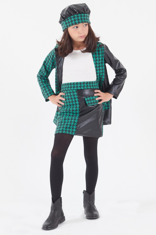 Kız Çocuk Kazayağı Deri Detaylı Ceketli 4lü Elbise Takımı 14590