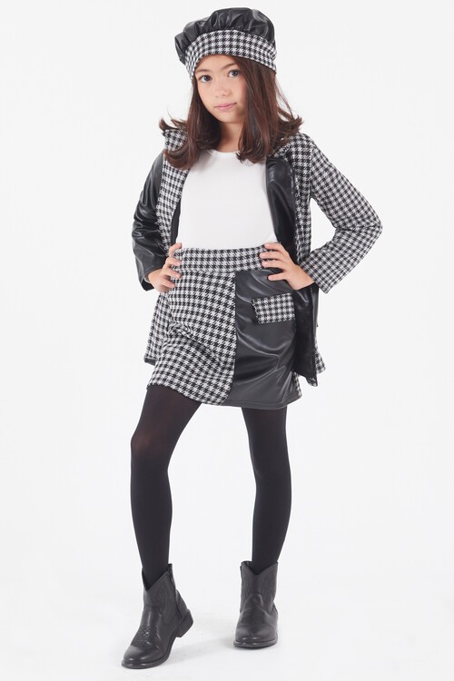 Kız Çocuk Kazayağı Deri Detaylı Ceketli 4lü Elbise Takımı 14590