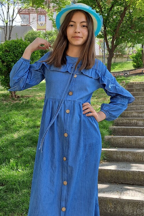 Kız Çocuk  Jean Elbise 10-15 Yaş 13976