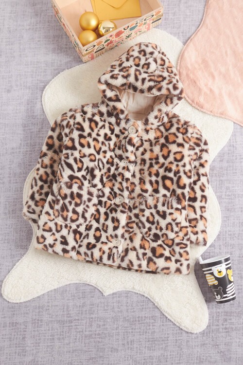 Kız bebek Leopar Desenli Kapşonlu Kürk Kaban 14598