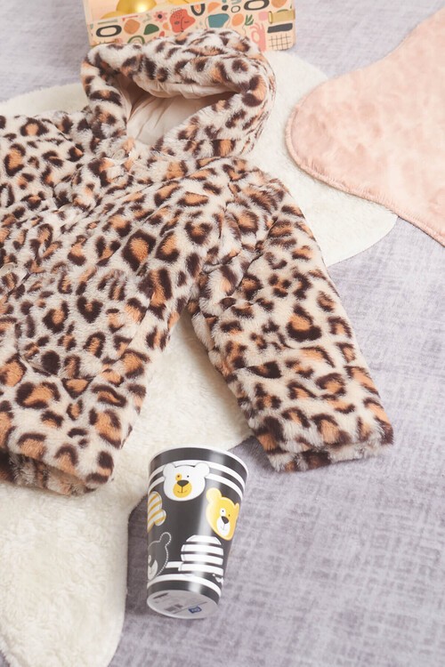 Kız bebek Leopar Desenli Kapşonlu Kürk Kaban 14598