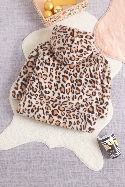 Kız bebek Leopar Desenli Kapşonlu Kürk Kaban 14598