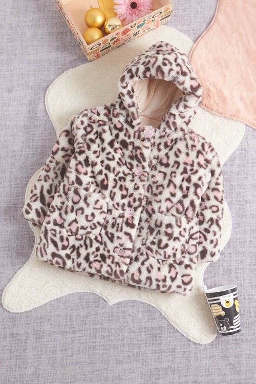 Kız bebek Leopar Desenli Kapşonlu Kürk Kaban 14598