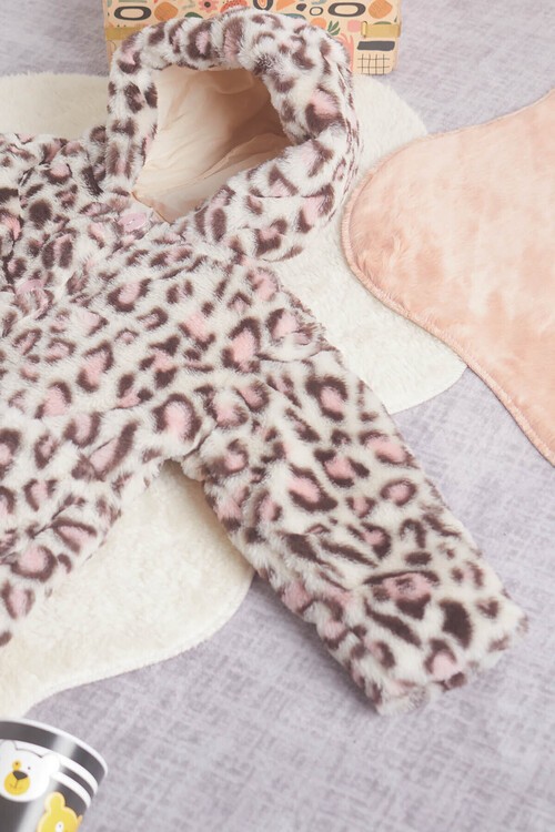 Kız bebek Leopar Desenli Kapşonlu Kürk Kaban 14598