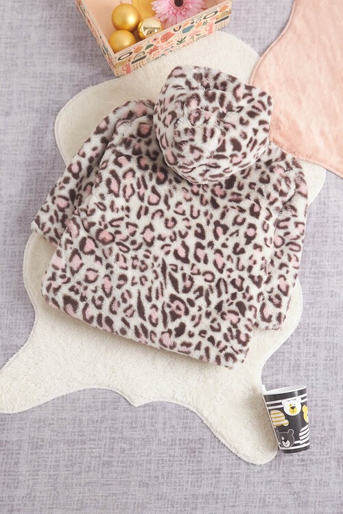Kız bebek Leopar Desenli Kapşonlu Kürk Kaban 14598