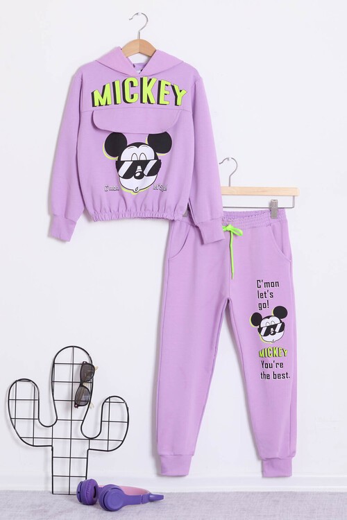 Kız Çocuk Mickey Baskılı Kapüşonlu Eşofman Takımı 14611