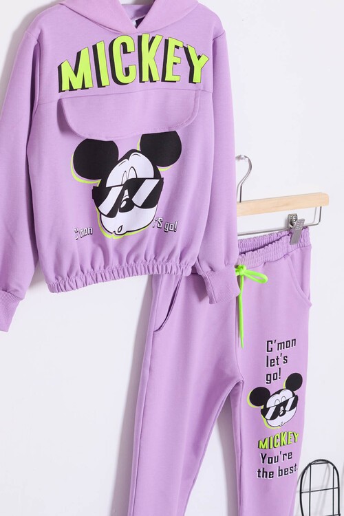 Kız Çocuk Mickey Baskılı Kapüşonlu Eşofman Takımı 14611