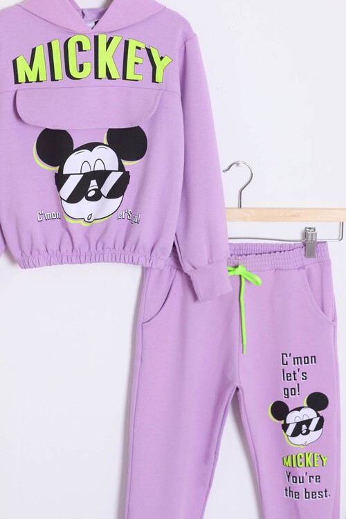 Kız Çocuk Mickey Baskılı Kapüşonlu Eşofman Takımı 14611