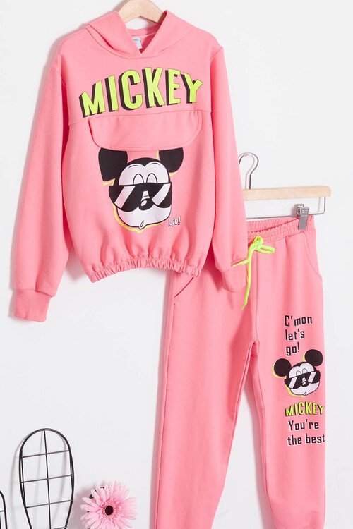 Kız Çocuk Mickey Baskılı Kapüşonlu Eşofman Takımı 14611
