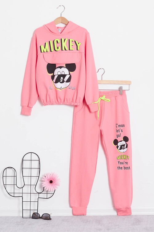 Kız Çocuk Mickey Baskılı Kapüşonlu Eşofman Takımı 14611