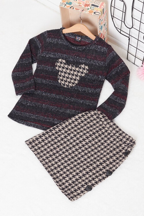 Kız Çocuk Mickey Nakışlı Kazaklı Etekli Takım  14613