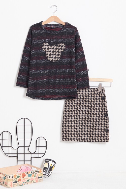 Kız Çocuk Mickey Nakışlı Kazaklı Etekli Takım  14613