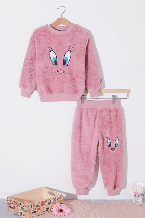 Sarı Civciv Nakışlı Peluş Kız Çocuk Eşofman Takımı Welsoft 13310