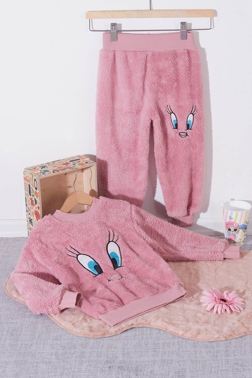 Sarı Civciv Nakışlı Peluş Kız Çocuk Eşofman Takımı Welsoft 13310