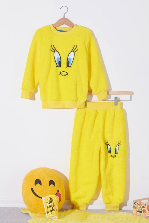 Sarı Civciv Nakışlı Peluş Kız Çocuk Eşofman Takımı Welsoft 13310