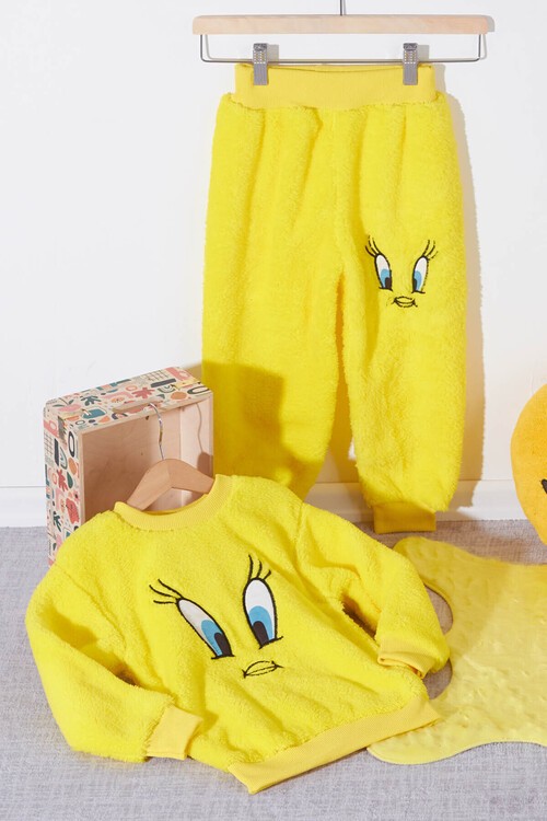 Sarı Civciv Nakışlı Peluş Kız Çocuk Eşofman Takımı Welsoft 13310