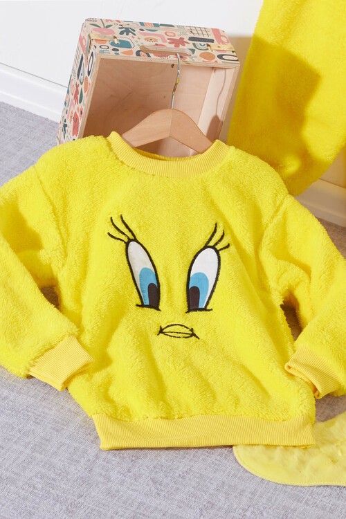 Sarı Civciv Nakışlı Peluş Kız Çocuk Eşofman Takımı Welsoft 13310