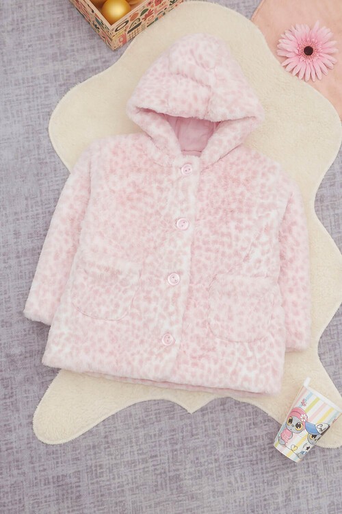 Kız bebek Pembe Leopar Desenli Kapşonlu Kürk Kaban 14599