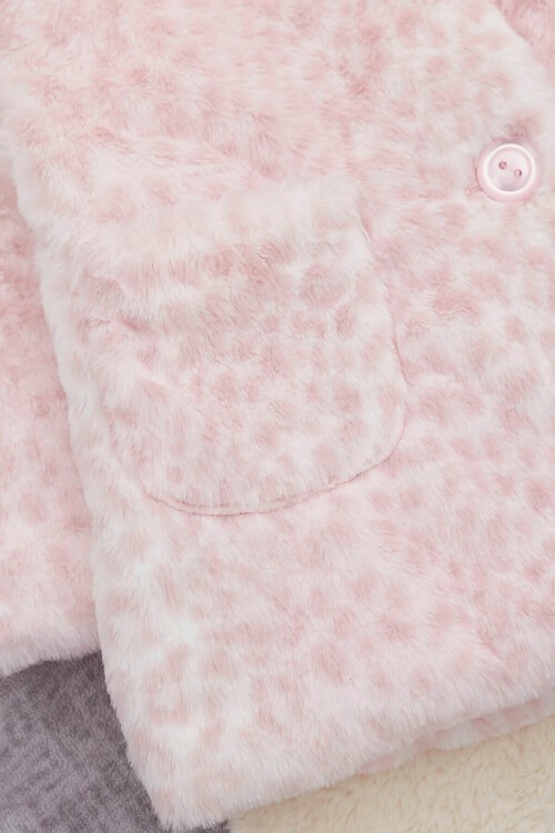 Kız bebek Pembe Leopar Desenli Kapşonlu Kürk Kaban 14599