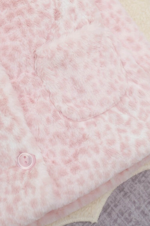 Kız bebek Pembe Leopar Desenli Kapşonlu Kürk Kaban 14599