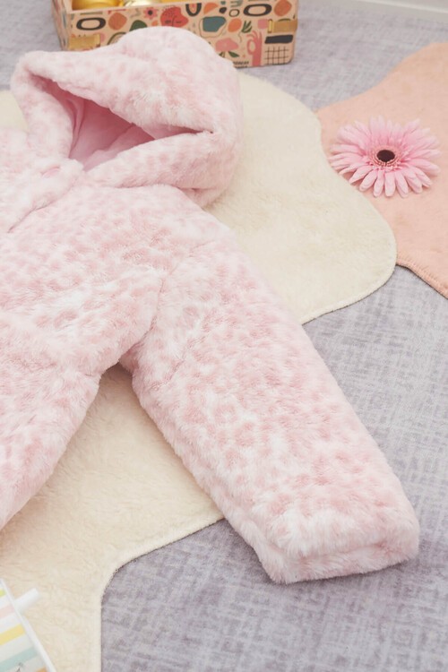 Kız bebek Pembe Leopar Desenli Kapşonlu Kürk Kaban 14599