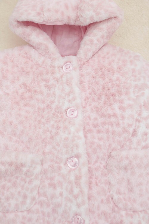 Kız bebek Pembe Leopar Desenli Kapşonlu Kürk Kaban 14599