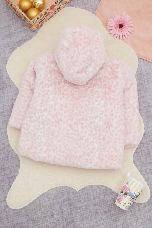 Kız bebek Pembe Leopar Desenli Kapşonlu Kürk Kaban 14599